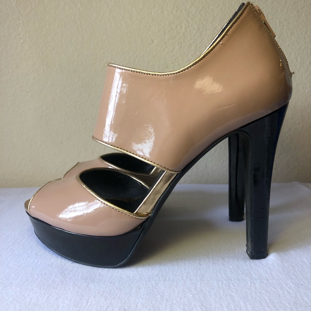 BCBG Harmony nude patent peep toe heels gold trim